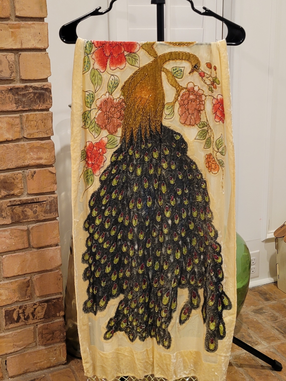 Vintage Silk Elegant Embroidered Peacock Velvet Wrap Scarf in Gold & Black